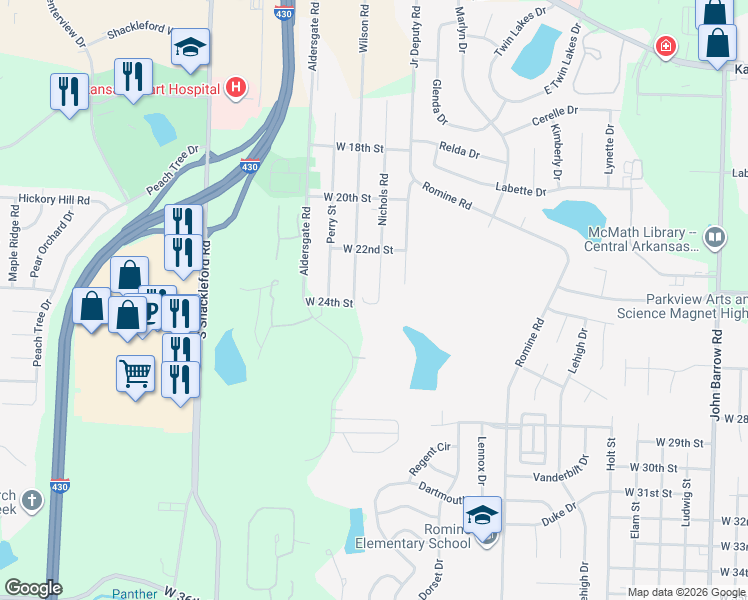 map of restaurants, bars, coffee shops, grocery stores, and more near 2225 Wilson Road in Little Rock