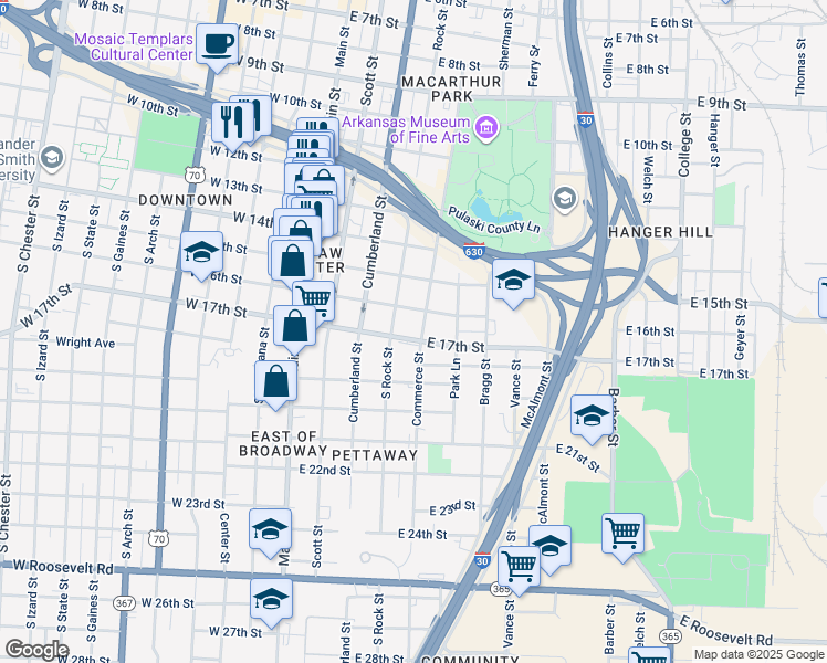 map of restaurants, bars, coffee shops, grocery stores, and more near 1616 Commerce Street in Little Rock