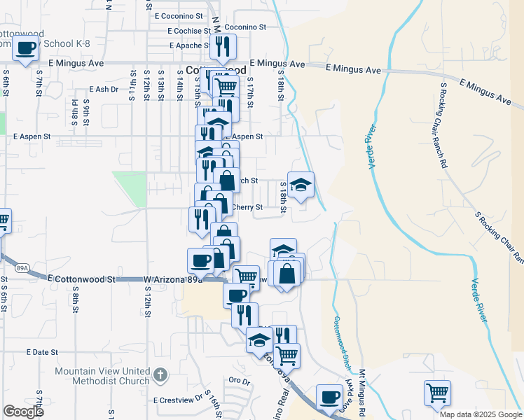 map of restaurants, bars, coffee shops, grocery stores, and more near 345 South 17th Place in Cottonwood