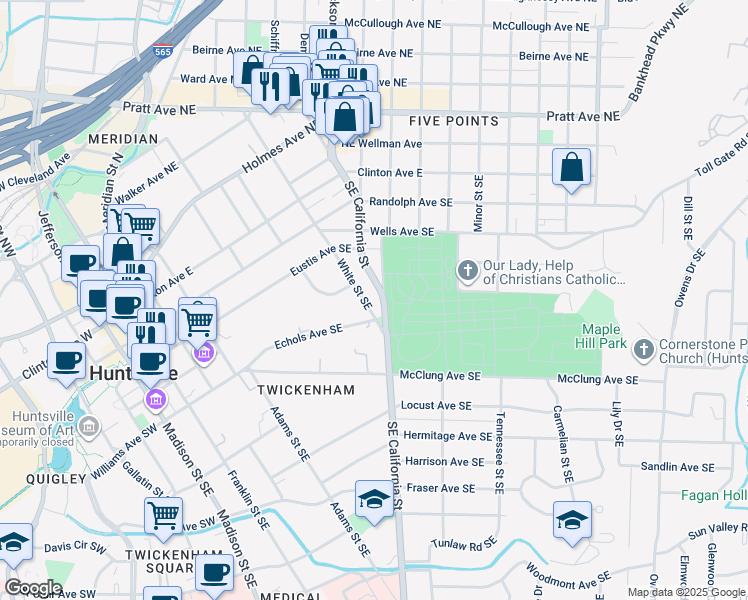 map of restaurants, bars, coffee shops, grocery stores, and more near 421 White Street Southeast in Huntsville