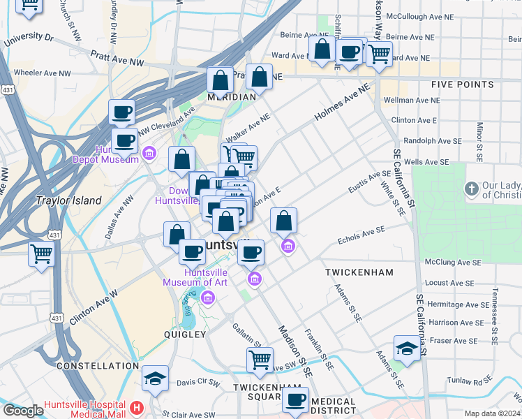 map of restaurants, bars, coffee shops, grocery stores, and more near 300 Clinton Avenue East in Huntsville