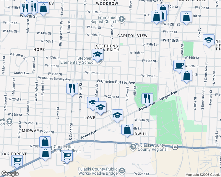 map of restaurants, bars, coffee shops, grocery stores, and more near 2008 Valmar Street in Little Rock