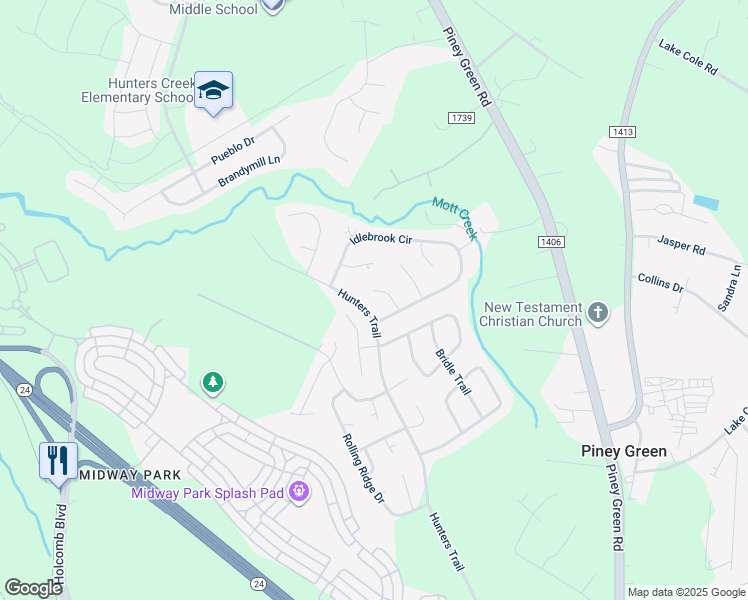 map of restaurants, bars, coffee shops, grocery stores, and more near 109 Honey Tree Court in Piney Green