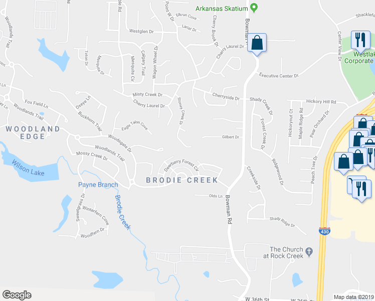 map of restaurants, bars, coffee shops, grocery stores, and more near 2416 Stoney Creek Drive in Little Rock