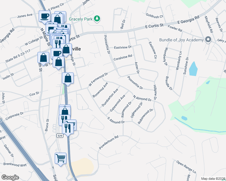 map of restaurants, bars, coffee shops, grocery stores, and more near 204 North Almond Drive in Simpsonville