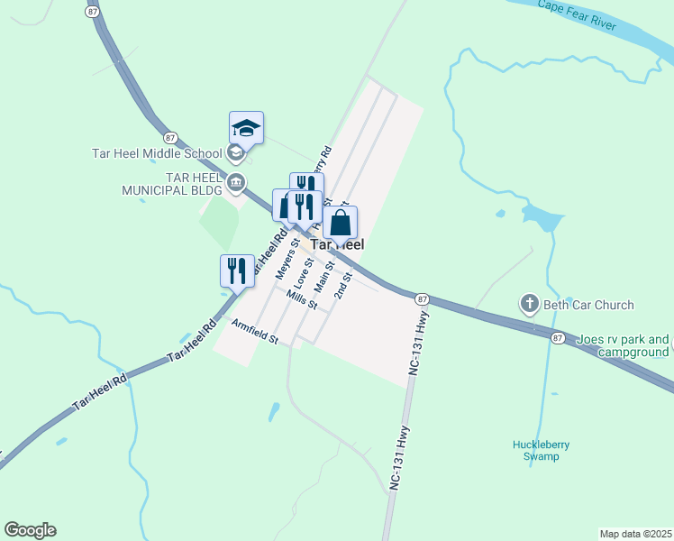 map of restaurants, bars, coffee shops, grocery stores, and more near Robeson Street in Tar Heel
