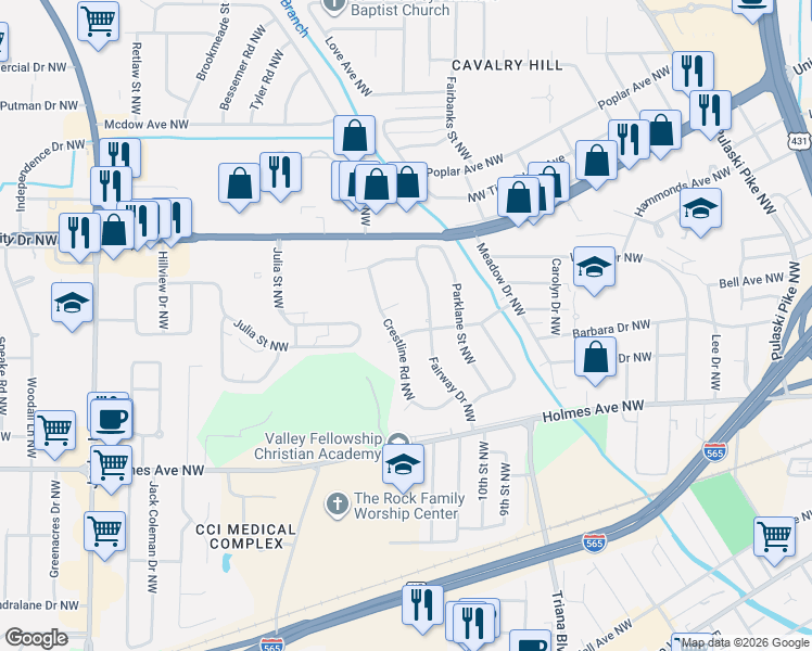 map of restaurants, bars, coffee shops, grocery stores, and more near 1003 Fairway Drive Northwest in Huntsville
