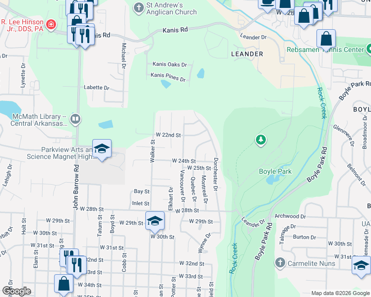 map of restaurants, bars, coffee shops, grocery stores, and more near 12 Woodwind Drive in Little Rock