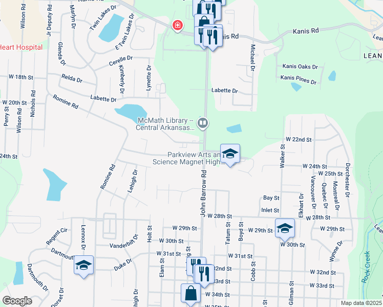 map of restaurants, bars, coffee shops, grocery stores, and more near 8800 Tanya Drive in Little Rock