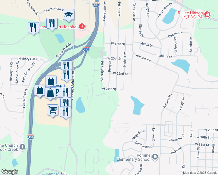 map of restaurants, bars, coffee shops, grocery stores, and more near 2212 Perry Street in Little Rock