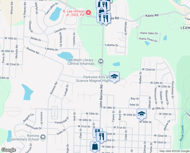 map of restaurants, bars, coffee shops, grocery stores, and more near 8800 Tanya Drive in Little Rock