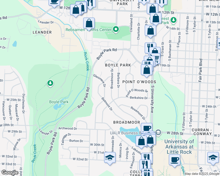 map of restaurants, bars, coffee shops, grocery stores, and more near 75 Broadmoor Drive in Little Rock