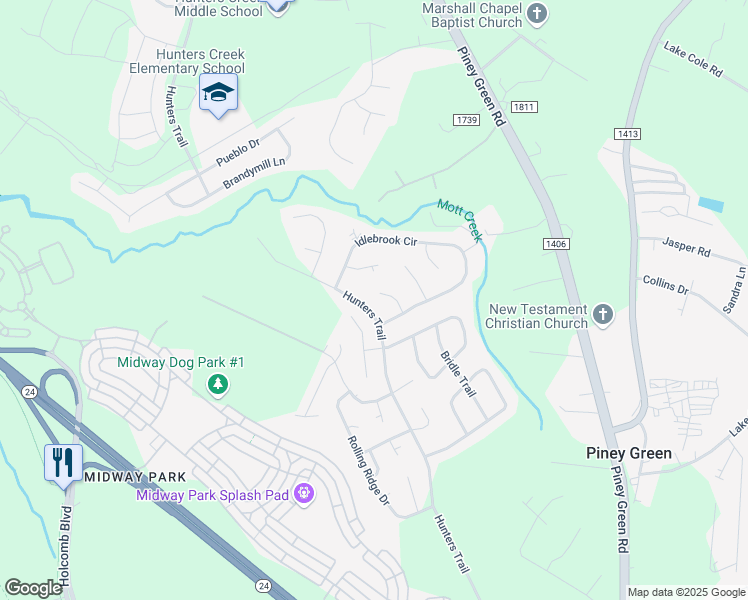 map of restaurants, bars, coffee shops, grocery stores, and more near 111 Honey Tree Court in Piney Green