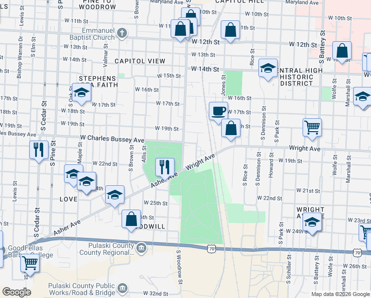 map of restaurants, bars, coffee shops, grocery stores, and more near 2005 South Woodrow Street in Little Rock