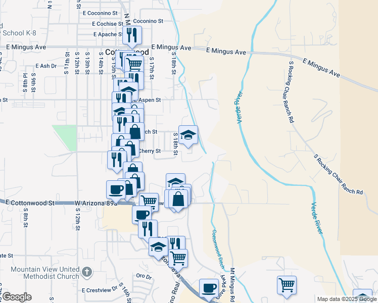 map of restaurants, bars, coffee shops, grocery stores, and more near 2030 East Cherry Street in Cottonwood