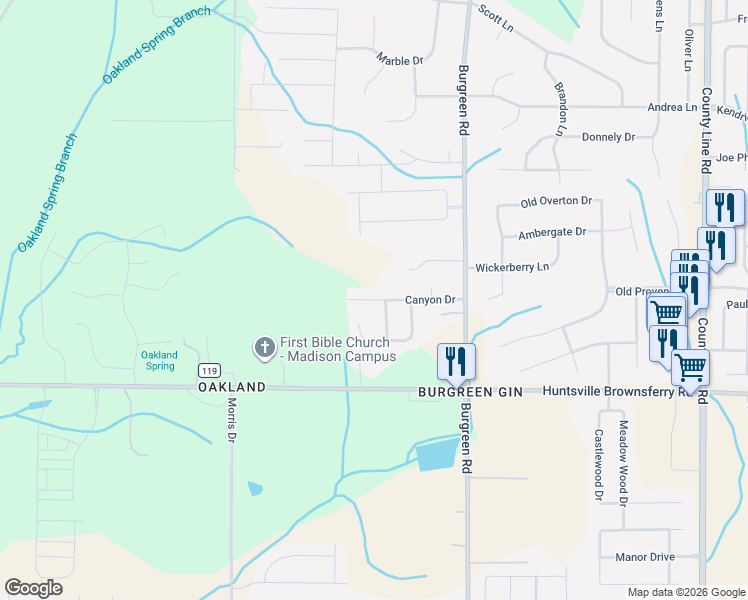 map of restaurants, bars, coffee shops, grocery stores, and more near 126 Canyon Drive in Madison