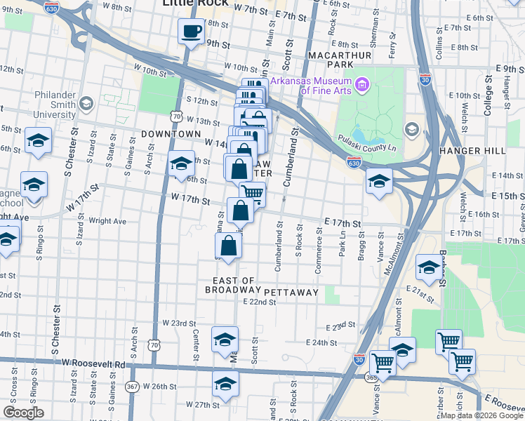 map of restaurants, bars, coffee shops, grocery stores, and more near 1611 Main Street in Little Rock