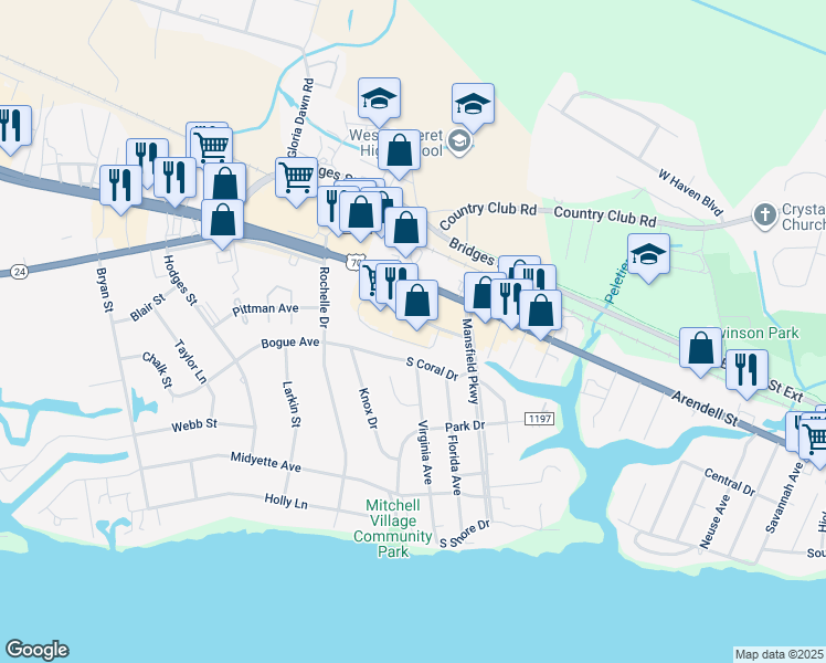 map of restaurants, bars, coffee shops, grocery stores, and more near 4841 Arendell Street in Morehead City