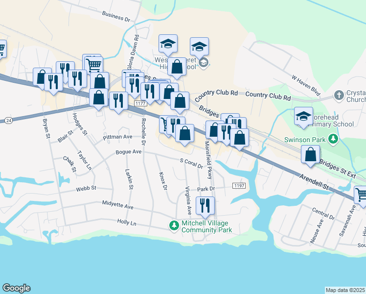 map of restaurants, bars, coffee shops, grocery stores, and more near 4841 Arendell Street in Morehead City