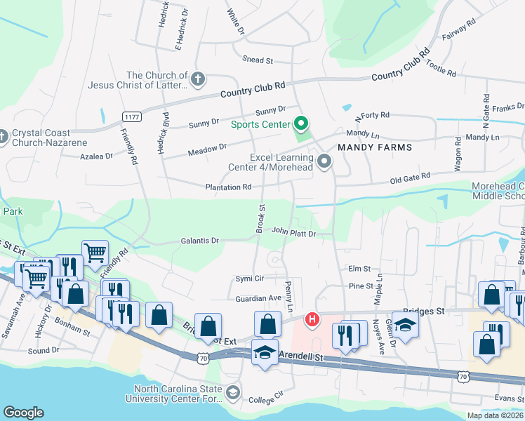 map of restaurants, bars, coffee shops, grocery stores, and more near Brook Street in Morehead City