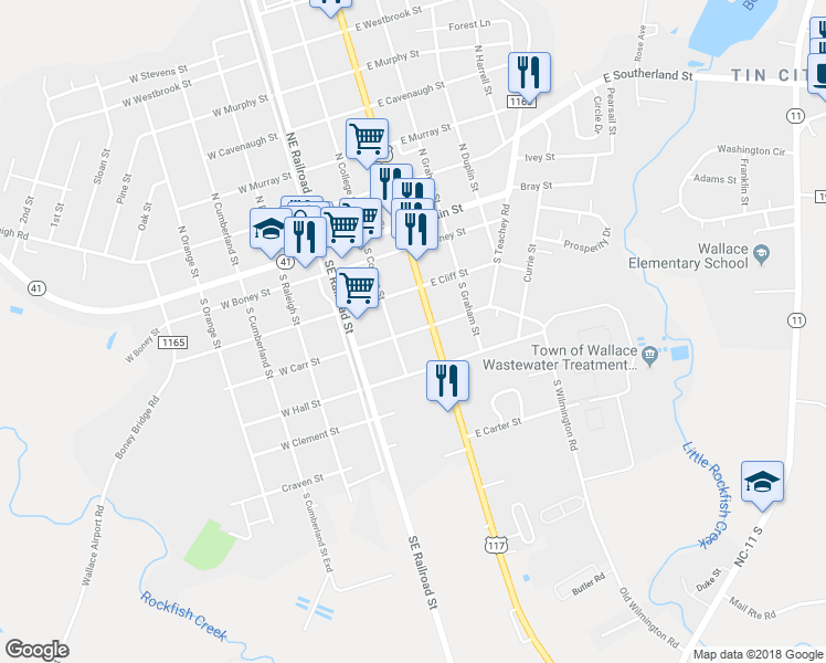 map of restaurants, bars, coffee shops, grocery stores, and more near 211 East Carr Street in Wallace