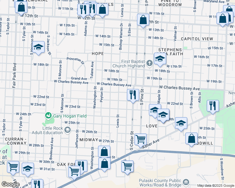map of restaurants, bars, coffee shops, grocery stores, and more near 4201 West 21st Street in Little Rock