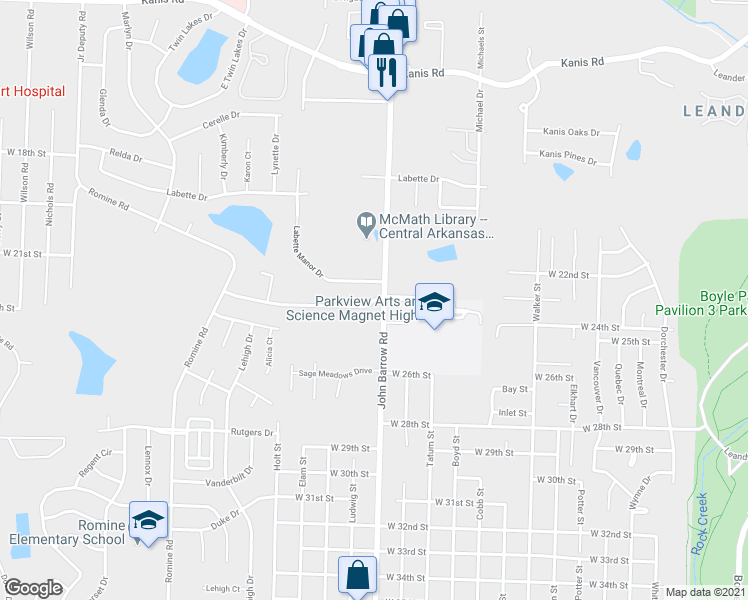 map of restaurants, bars, coffee shops, grocery stores, and more near 8800 Tanya Drive in Little Rock
