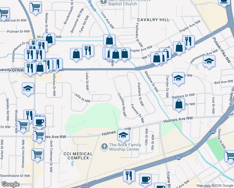 map of restaurants, bars, coffee shops, grocery stores, and more near 1005 Crestline Road Northwest in Huntsville