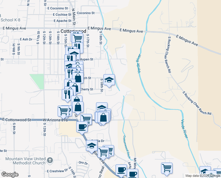 map of restaurants, bars, coffee shops, grocery stores, and more near 2030 East Cherry Street in Cottonwood