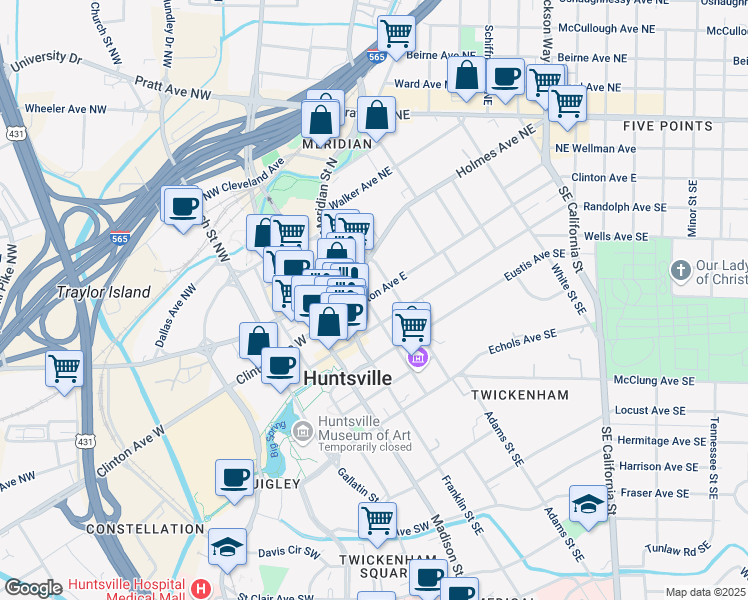 map of restaurants, bars, coffee shops, grocery stores, and more near 3 Greene Street Southeast in Huntsville