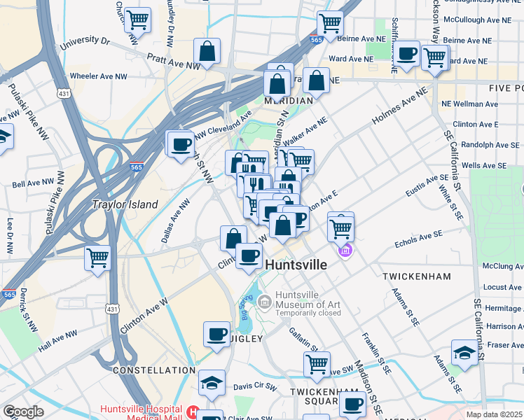 map of restaurants, bars, coffee shops, grocery stores, and more near 201 Jefferson Street North in Huntsville