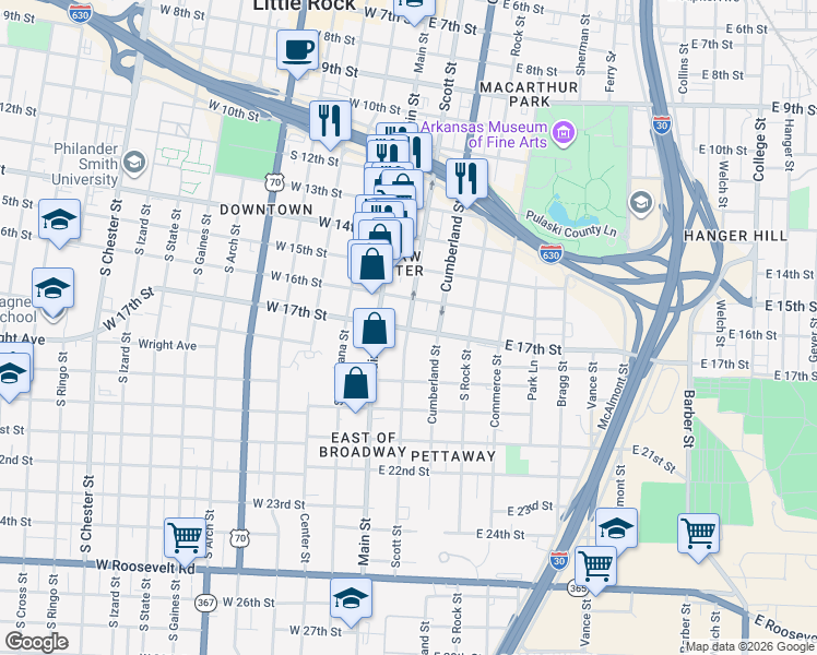 map of restaurants, bars, coffee shops, grocery stores, and more near 1611 Main Street in Little Rock
