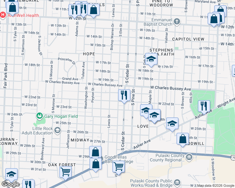 map of restaurants, bars, coffee shops, grocery stores, and more near 4008 West 21st Street in Little Rock