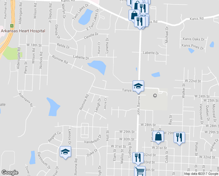 map of restaurants, bars, coffee shops, grocery stores, and more near 3 Tanya Court in Little Rock