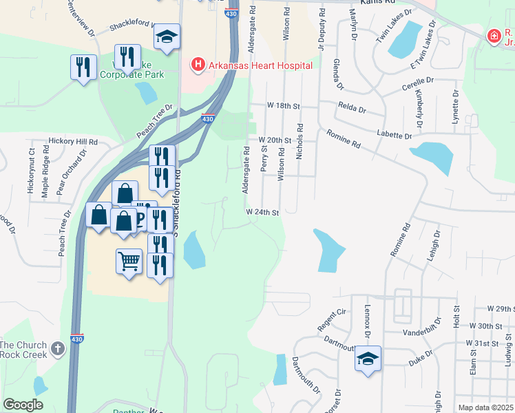 map of restaurants, bars, coffee shops, grocery stores, and more near 2212 Perry Street in Little Rock