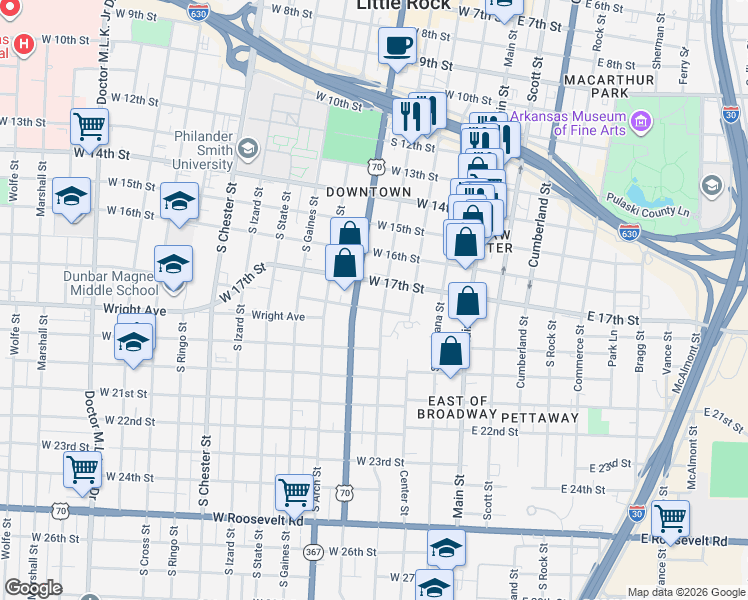 map of restaurants, bars, coffee shops, grocery stores, and more near 400 West 18th Street in Little Rock