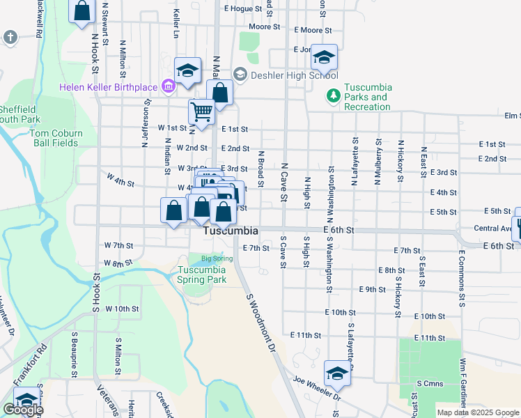 map of restaurants, bars, coffee shops, grocery stores, and more near 100 North Broad Street in Tuscumbia
