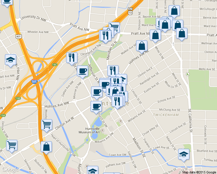 map of restaurants, bars, coffee shops, grocery stores, and more near 129 Washington St NE in Huntsville