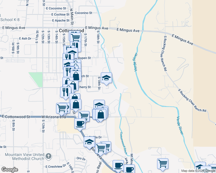 map of restaurants, bars, coffee shops, grocery stores, and more near 2030 East Cherry Street in Cottonwood