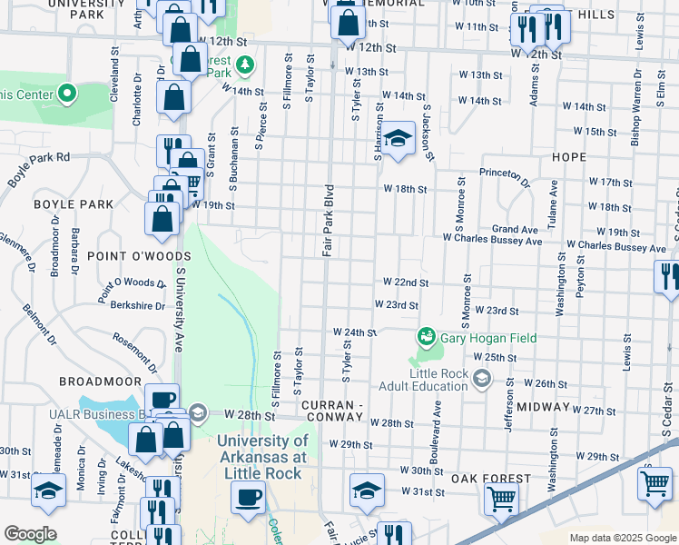 map of restaurants, bars, coffee shops, grocery stores, and more near 2100 South Tyler Street in Little Rock