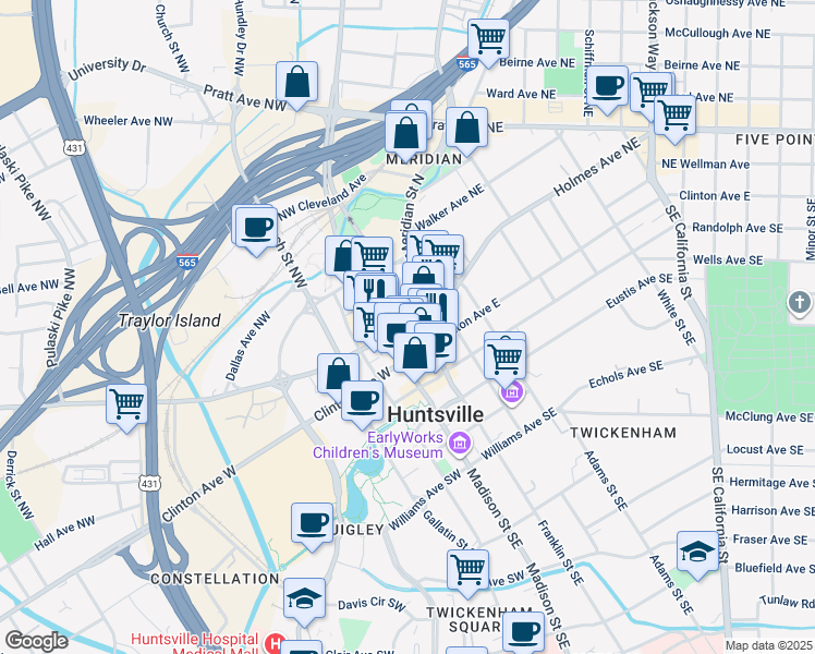 map of restaurants, bars, coffee shops, grocery stores, and more near 110 Washington Street Northeast in Huntsville