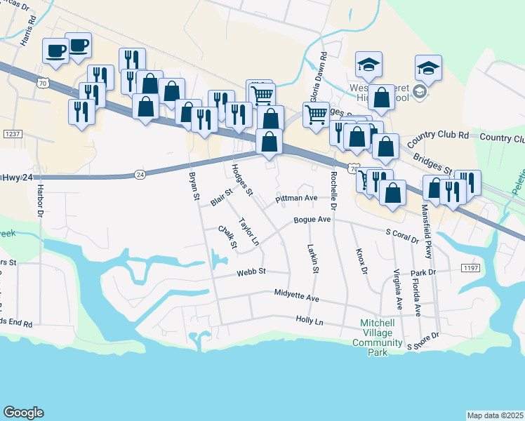 map of restaurants, bars, coffee shops, grocery stores, and more near 5099 Pittman Avenue in Morehead City