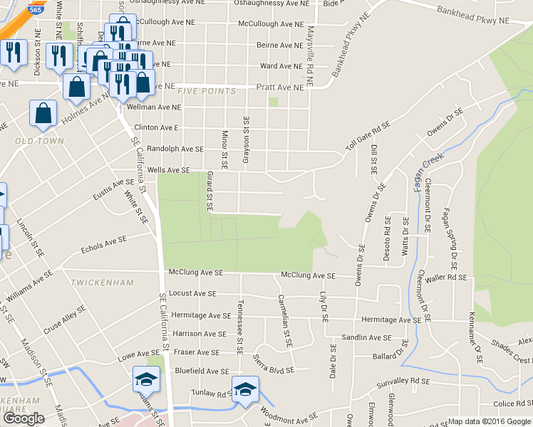 map of restaurants, bars, coffee shops, grocery stores, and more near 1411 Kingsbury Avenue Southeast in Huntsville