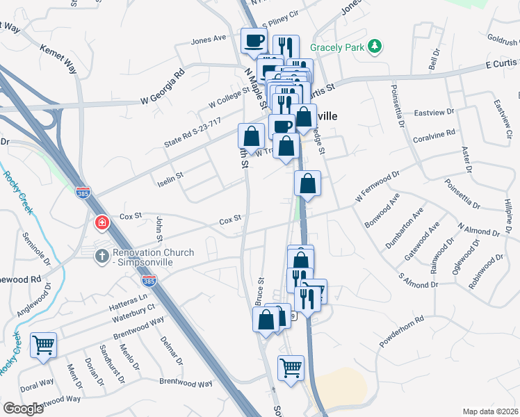 map of restaurants, bars, coffee shops, grocery stores, and more near 102 Cox Street in Simpsonville