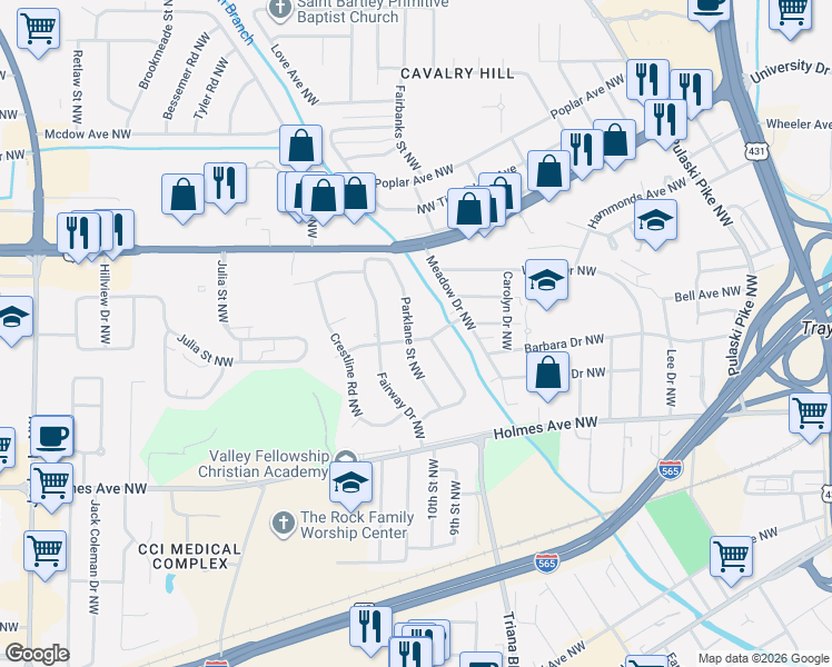 map of restaurants, bars, coffee shops, grocery stores, and more near 1003 Parklane Street Northwest in Huntsville
