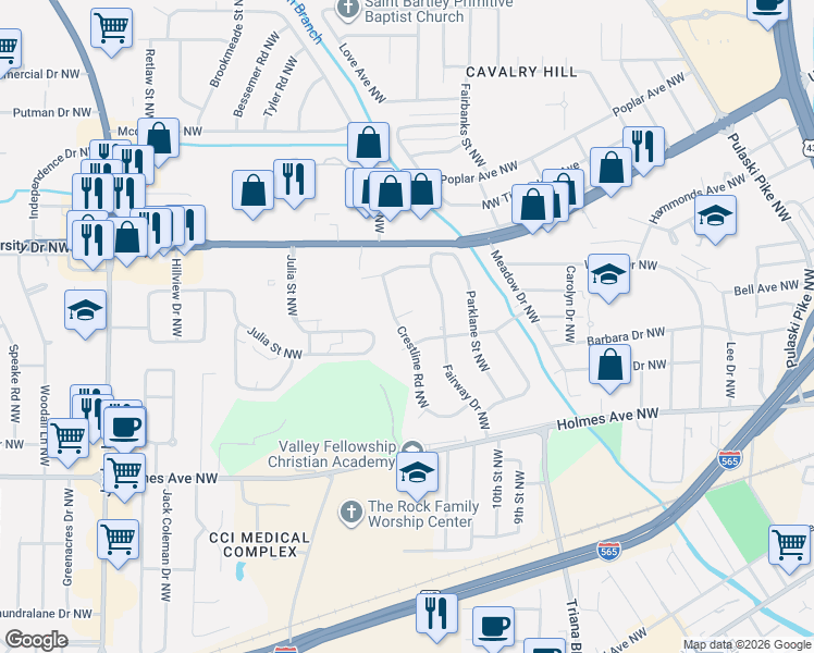 map of restaurants, bars, coffee shops, grocery stores, and more near 1007 Crestline Road Northwest in Huntsville