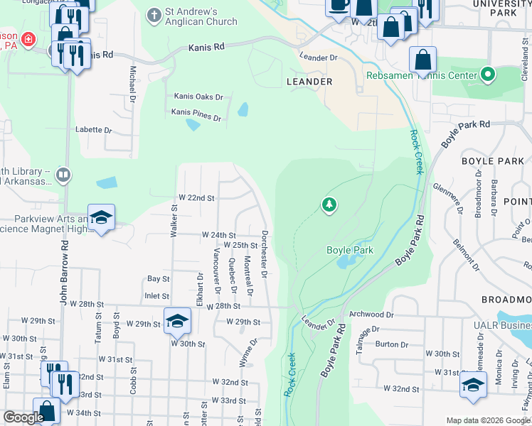 map of restaurants, bars, coffee shops, grocery stores, and more near 2226 Dorchester Drive in Little Rock