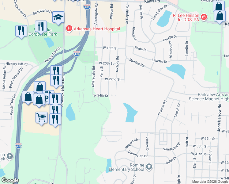 map of restaurants, bars, coffee shops, grocery stores, and more near 2225 Wilson Road in Little Rock