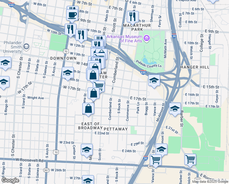map of restaurants, bars, coffee shops, grocery stores, and more near 1615 Cumberland Street in Little Rock