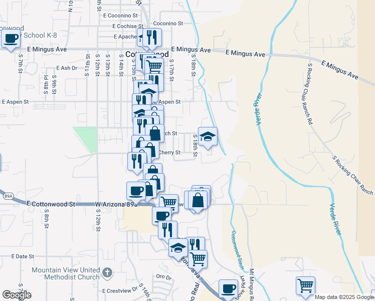 map of restaurants, bars, coffee shops, grocery stores, and more near 345 S 17th Pl in Cottonwood